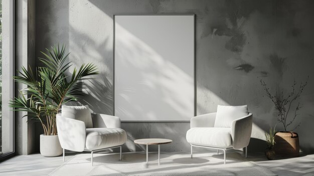 Foto mockup poster sulla parete del soggiorno al modern scandi japandi interior