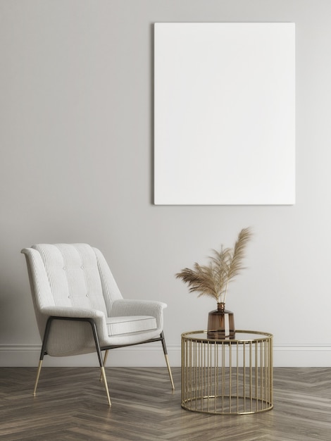 거실에 편안한 안락 의자가있는 모형 포스터