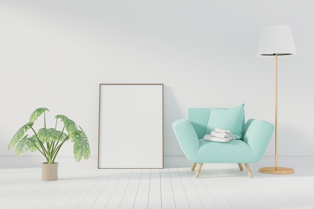 Mockup poster with frame standing on floor in living room. 3D rendering. - Illustration