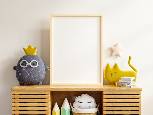 Mockup posterframe in de kinderkamer met kast in witte kleur muur background.3d rendering