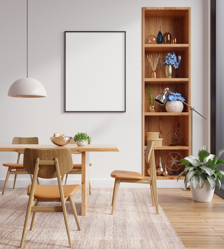 Foto mockup posterframe in eetkamer interieur background3d rendering