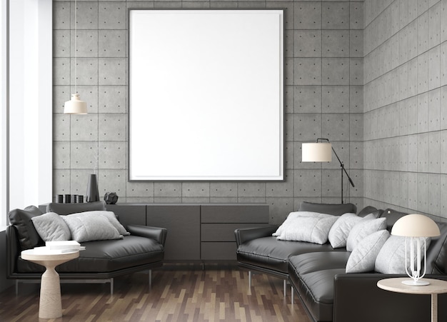 Mockup posterframe in minimalistische stijl. interieur met moderne meubels. Minimalistisch interieur. woonkamer frame ontwerp. kopieer ruimte witte achtergrond. modern wit huisconcept. 3D illustratie.