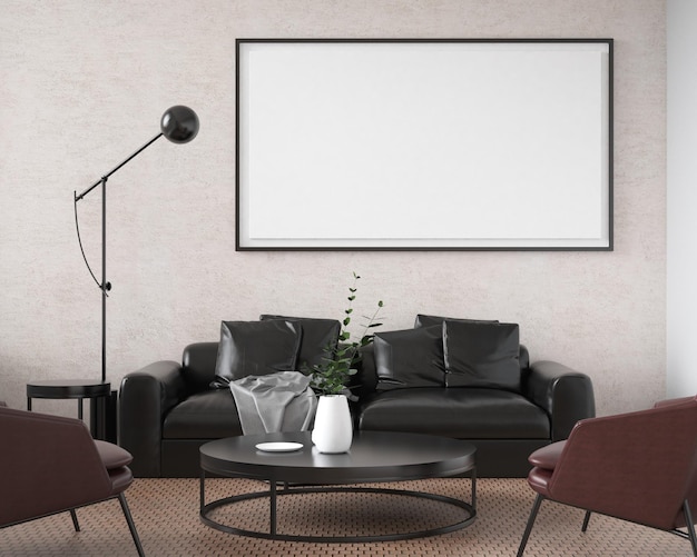 Foto mockup posterframe in minimalistische stijl. interieur met moderne meubels. minimalistisch interieurontwerp. woonkamer frame ontwerp. kopieer ruimte witte achtergrond. modern wit huisconcept. 3d illustratie.