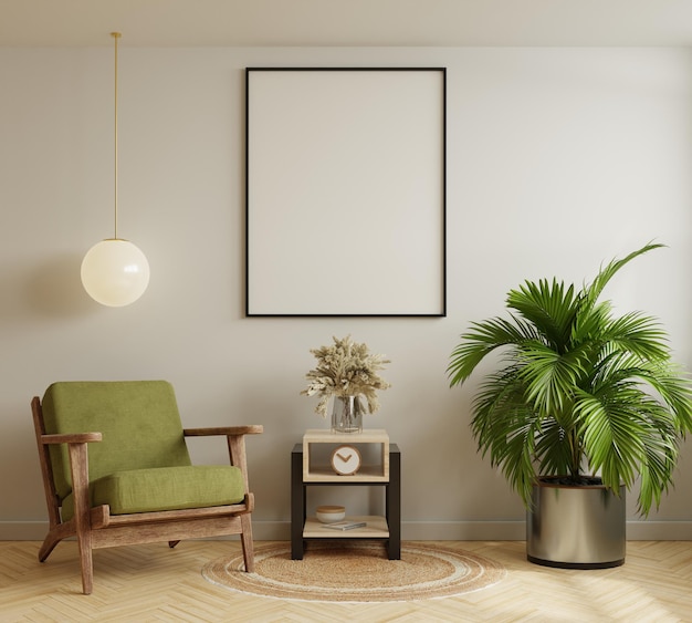 Mockup posterframe in moderne interieur achtergrond met groene fauteuil en accessoires