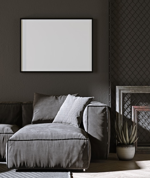 Mockup posterframe, Loft Living Room, comfortabele bank met broek, 3d render, 3d illustratie