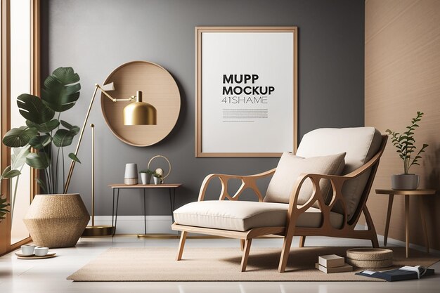 Mockup posterframe op moderne interieur achtergrond met fauteuil en accessoires in de kamer