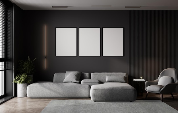 Mockup posterframes in stijlvolle donkere woonkamer interieur moderne woonkamer 3D-rendering