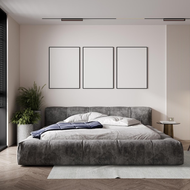 mockup posters on light wall with a cozy bed beige background 3d render 3d illustration