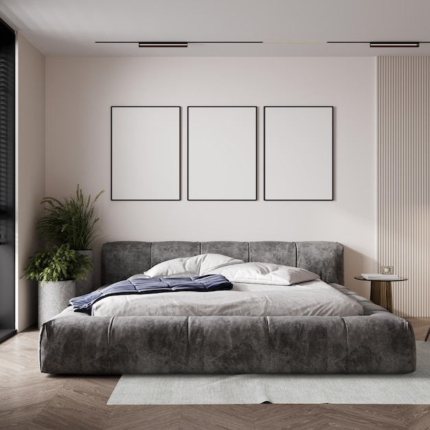 Mockup posters on light wall with a cozy bed beige background 3d render 3d illustration