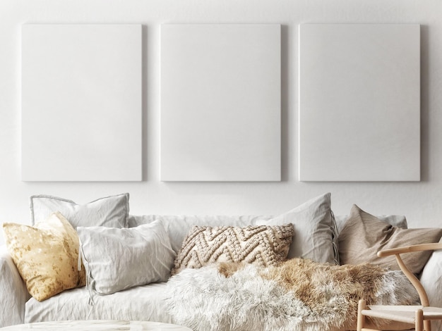 Photo mockup posters with scandinavian comfortable sofa and pillows