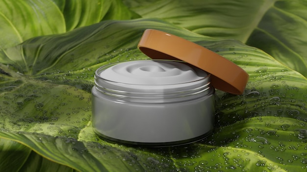 Mockup Pot met schoonheidsgezichtscrème voor gezicht op een nat tropisch blad een biologisch product voor gezichtsverzorging 3d render