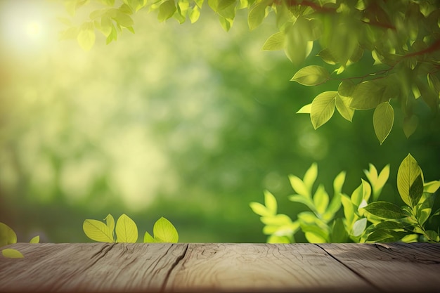 Mockup for Product on Wooden Floor with Fresh Green Leaves Background