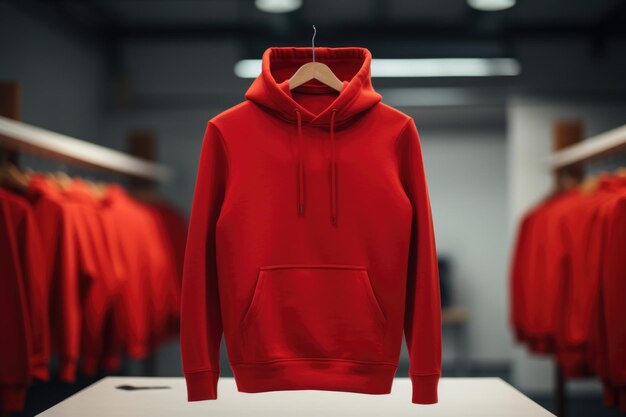 A mockup of a red hoodie in the store