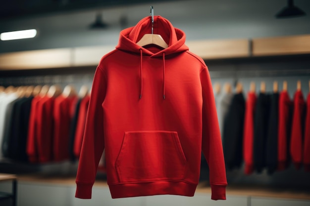 A mockup of a red hoodie in the store