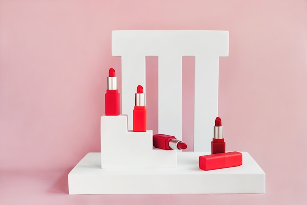 Photo mockup of red lipsticks on a white staircase with geometric shapes and a podium