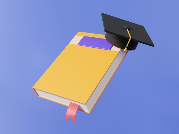 Mockup segno rosso libro arancione e tappo di laurea galleggianti su sfondo pastello con il concetto di educazione online della scuola di apprendimento del libro cartone animato carino sito web liscio 3d rendering illustrazione