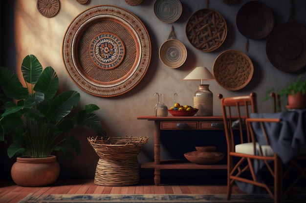 A mockup representation of a blank wall within a charming and rustic room furnished with traditional rattan pieces and adorned with ethnic decor accents