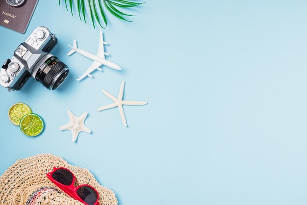 mockup retro camera films airplane starfish shells hat traveler tropical accessories