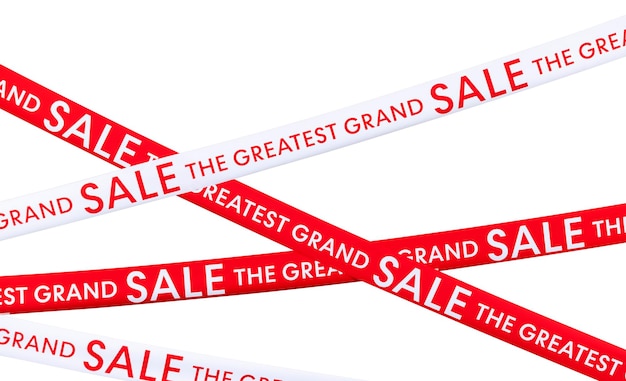 Foto mockup rood en wit lint met bericht the greatest grand sale op witte achtergrond