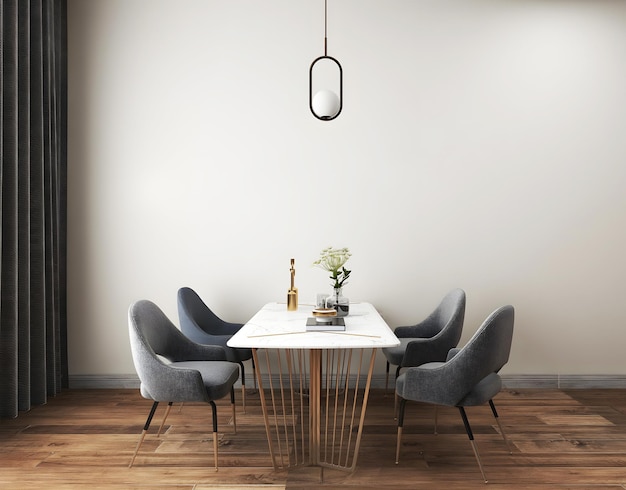 Фото Макет комнаты с серым обеденным столом и подвесной лампой3d рендеринг 3d иллюстрация