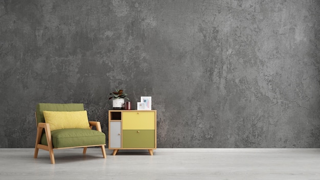 Mockup room with wood cabinet and armchair with polished concrete loft style wall