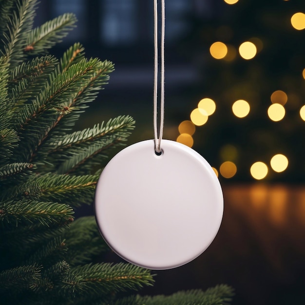 Mockup of round white christmas tree pendant