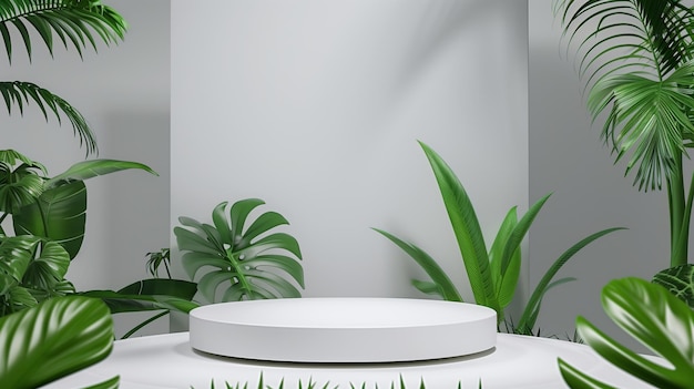 A mockup of round white podium with white background and green plants for ecommerce