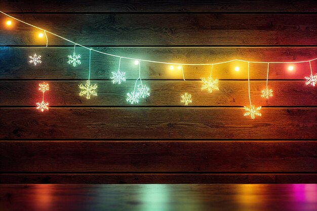 Mockup rustic wood table in front of glitter colorful bright bokeh lights of christmas ornaments and decorationChristmas style mockup for product decoration and display