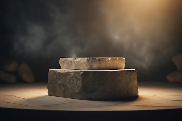 Photo mockup scene of a stone podium for product display with dark gold colors