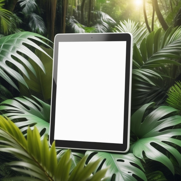 Mockup of the screen of a modern tablet or ereader on tropical palm leaves