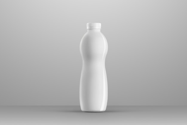 Mockup-serie voor drankverpakkingen. Witte plastic fles met reflecties en schaduwen op een grijze studioachtergrond. Voor plaatsing. Sjabloon klaar voor gebruik in uw ontwerp