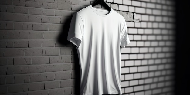 Mockup of a shirt on a wooden hanger with a white brick wall background Generative AI