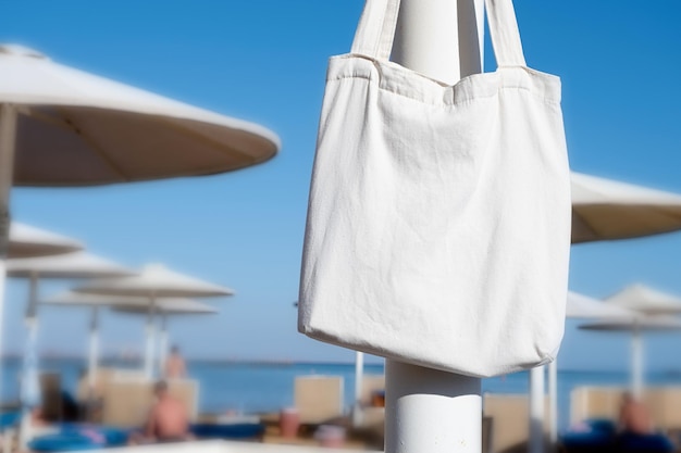 Mockup shopper handbag hanging on the beach