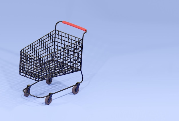 Mockup of shopping trolley  on isolated blue background. 3d render illustration