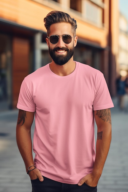 mockup showing a pink tshirt with a user wearing it