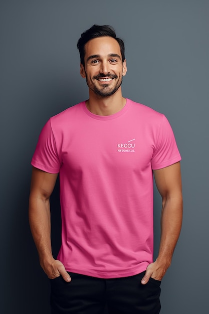 mockup showing a pink tshirt with a user wearing it