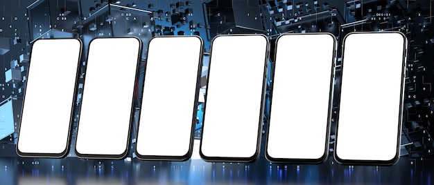 Mockup of six smartphones on a technological background white phone screen for your design d rendering