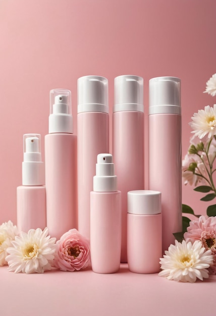꽃 이 있는 부드러운 분홍색 꽃 배경 에 있는 빈 화장품 병 안 의 피부 관리 제품 의 모형