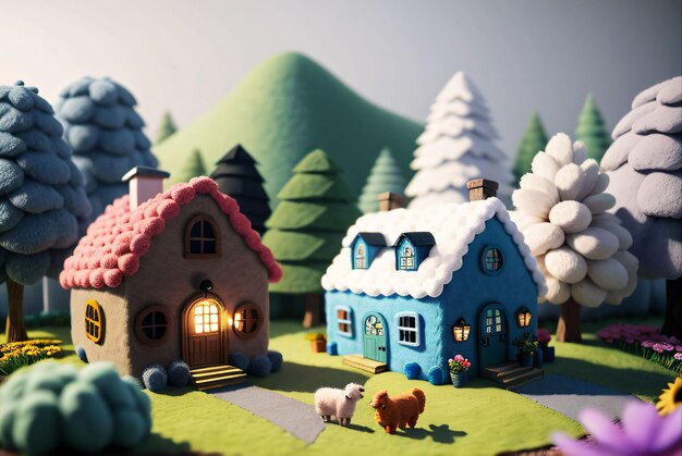 mockup of small cute houses made in wool and felt