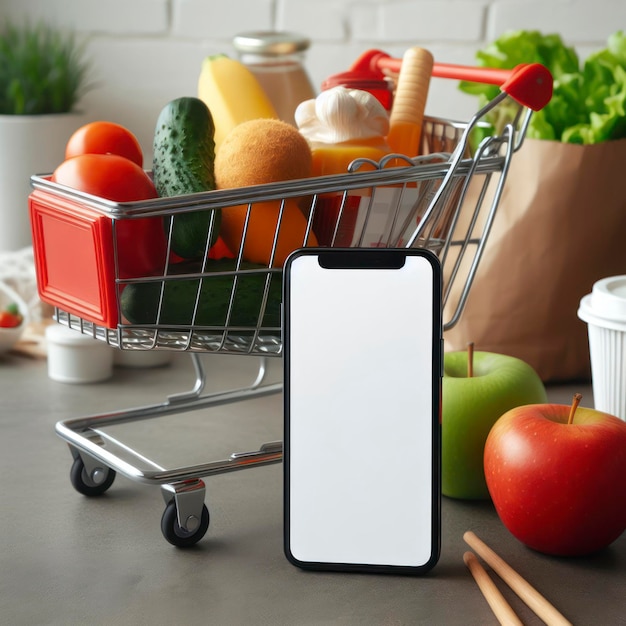 Mockup of a smartphone near a shopping cart with groceries ai generative