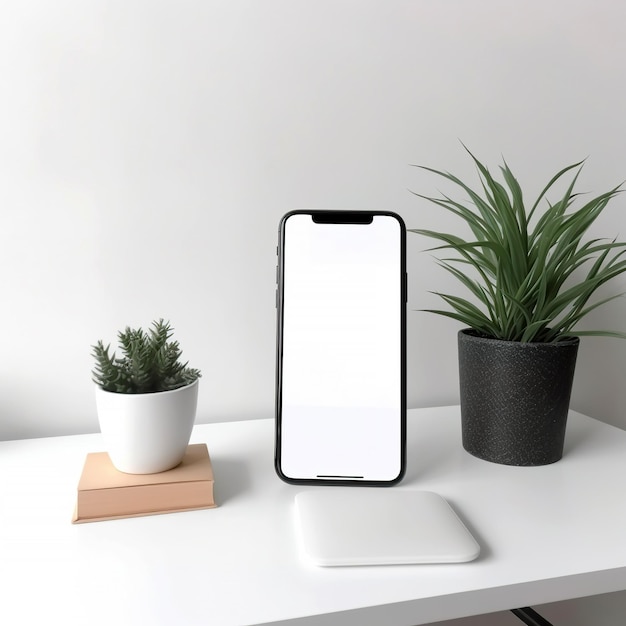 Mockup-smartphone op een bureau met wit scherm