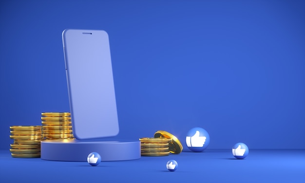 Mockup Smartphone With Golden Coin And Like Emoji Icon 3d Render