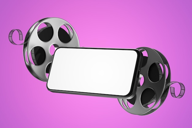 A mockup of a smartphone with a white screen in a horizontal\
position on a pink background, film reels. online cinema concept.\
watching movies on the internet on the phone.3d render.