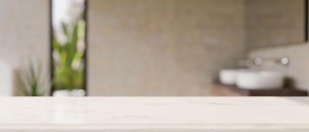 Mockup space on luxury white tabletop against blurred modern bathroom background