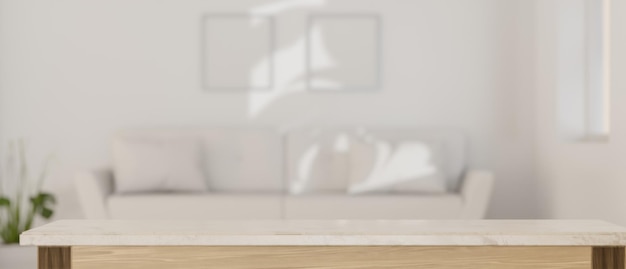 Mockup space on white tabletop against blurred modern white living room in the background