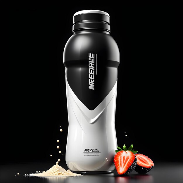 Photo mockup of a sports bottle with protein powder and strawberries