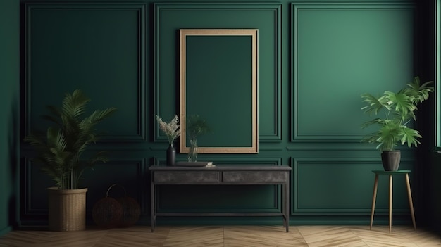 Mockup square frame in dark green furnished home interior background Generative Ai