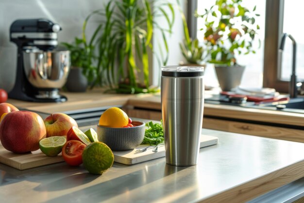 Mockup of a stainless tumbler on a kitchen counter