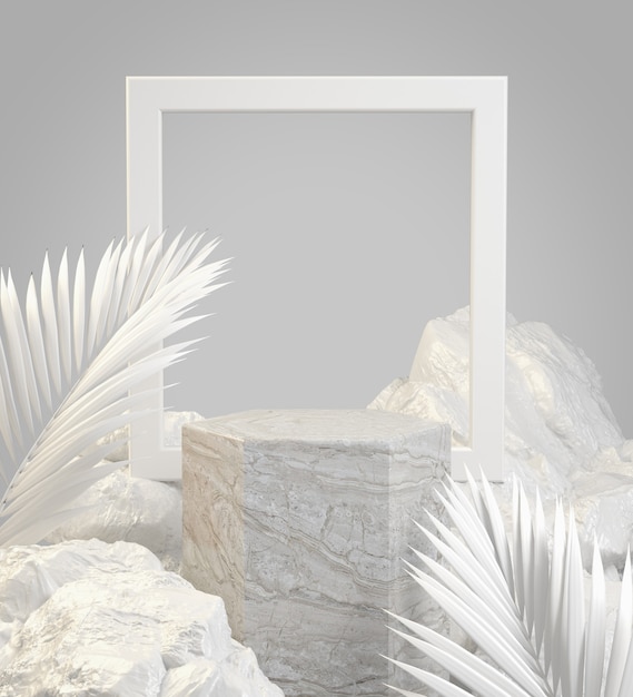 Mockup stenen podium met frame en witte natuurlijke concept abstracte achtergrond 3d render