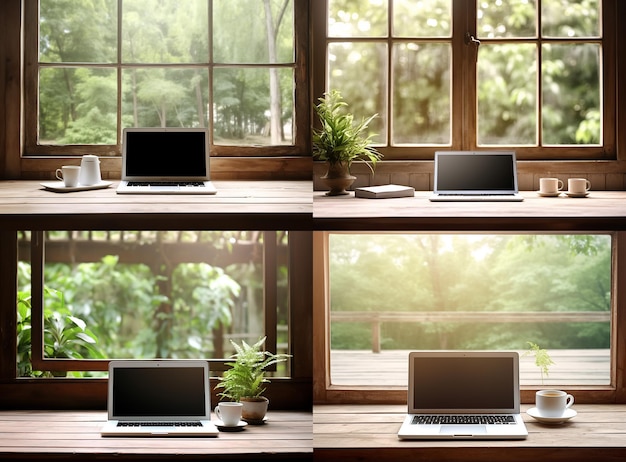 Photo mockup stock photo a laptop with white screen on a wooden table
